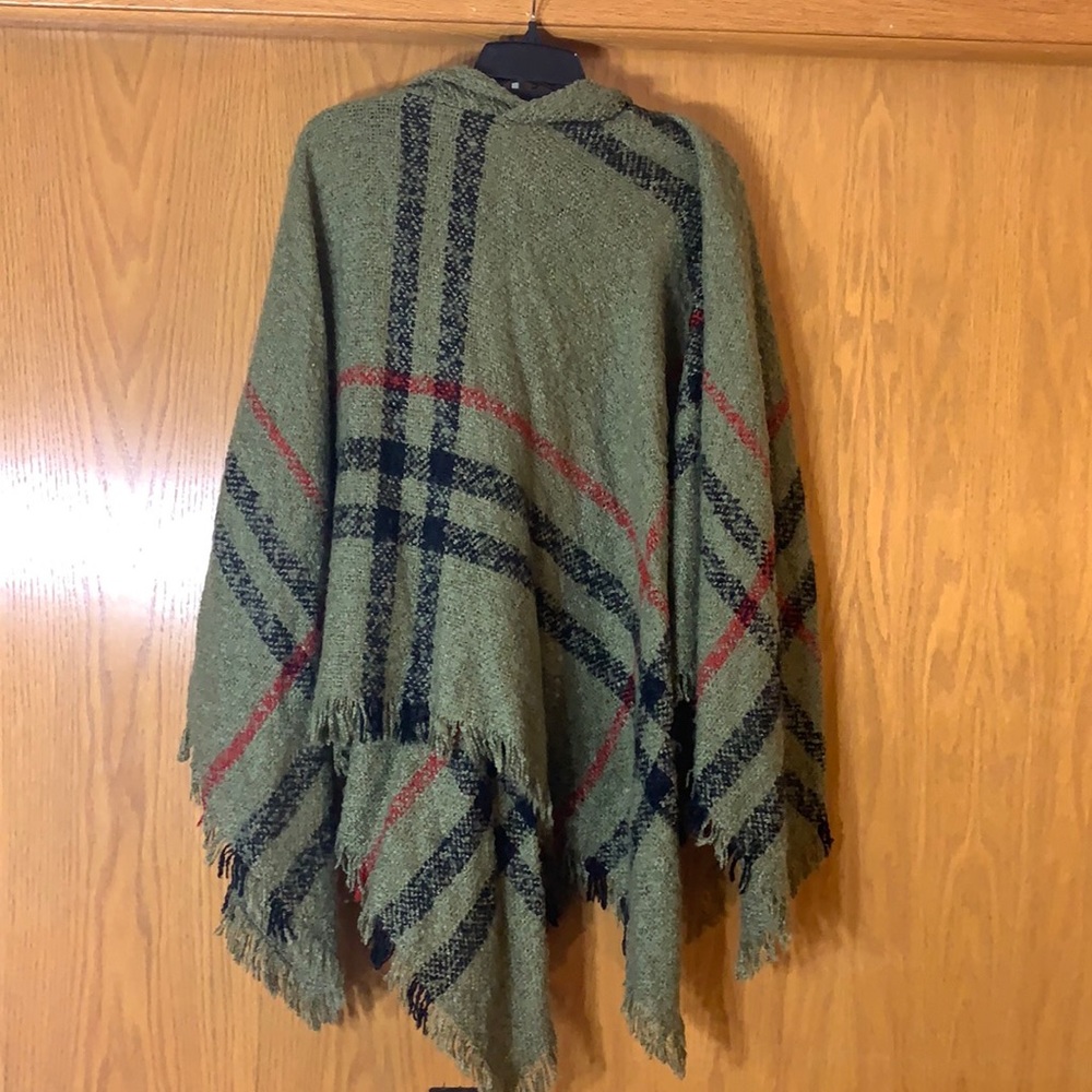 Green Plaid Poncho Sweater with Hood